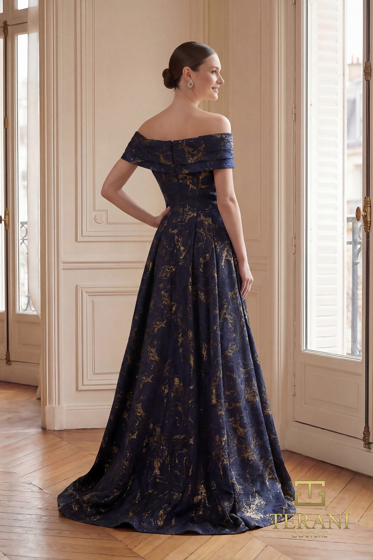 Terani Couture 261M6444 Draped Floral Applique Evening Dress