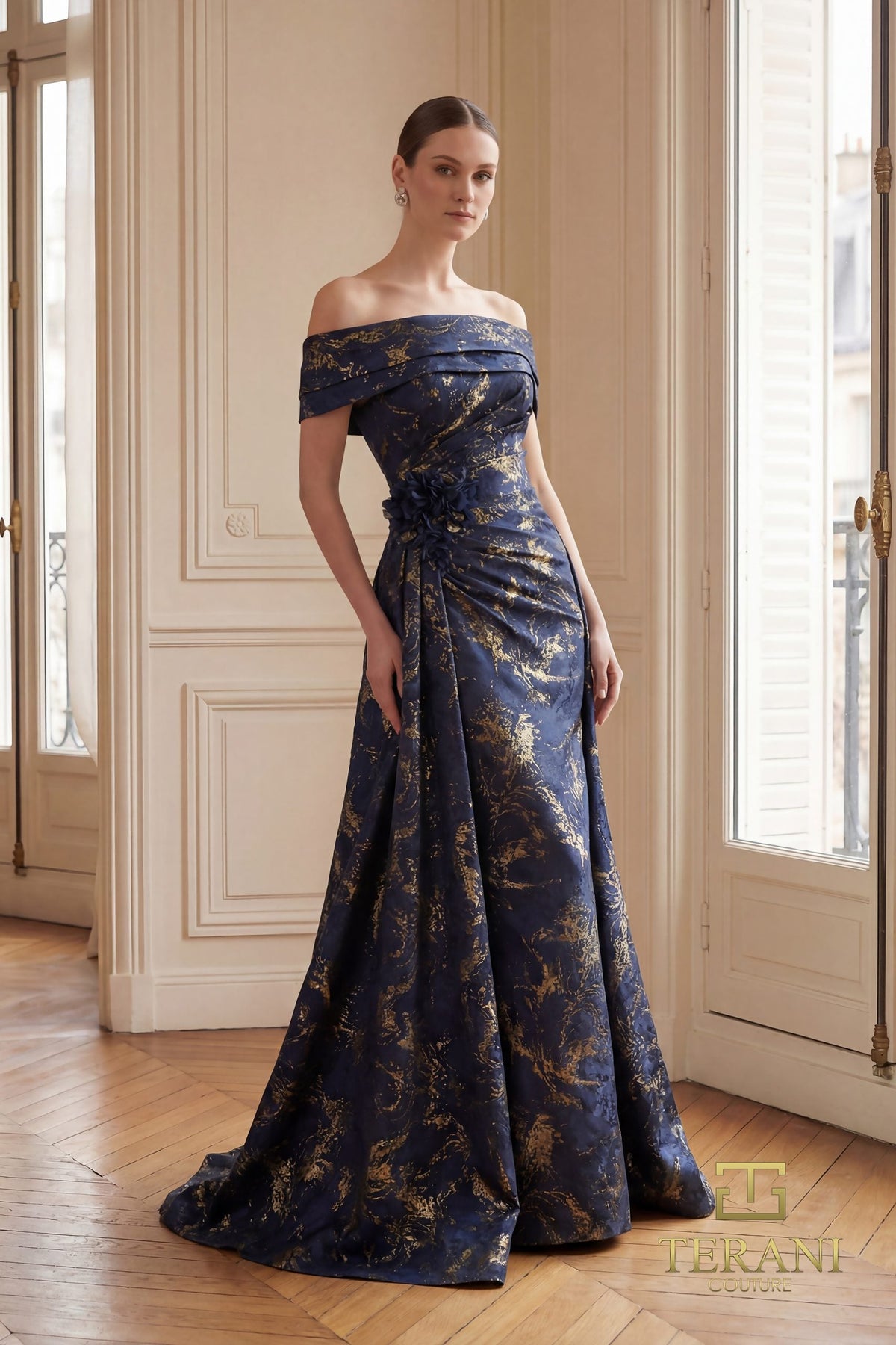 Terani Couture 261M6444 Draped Floral Applique Evening Dress