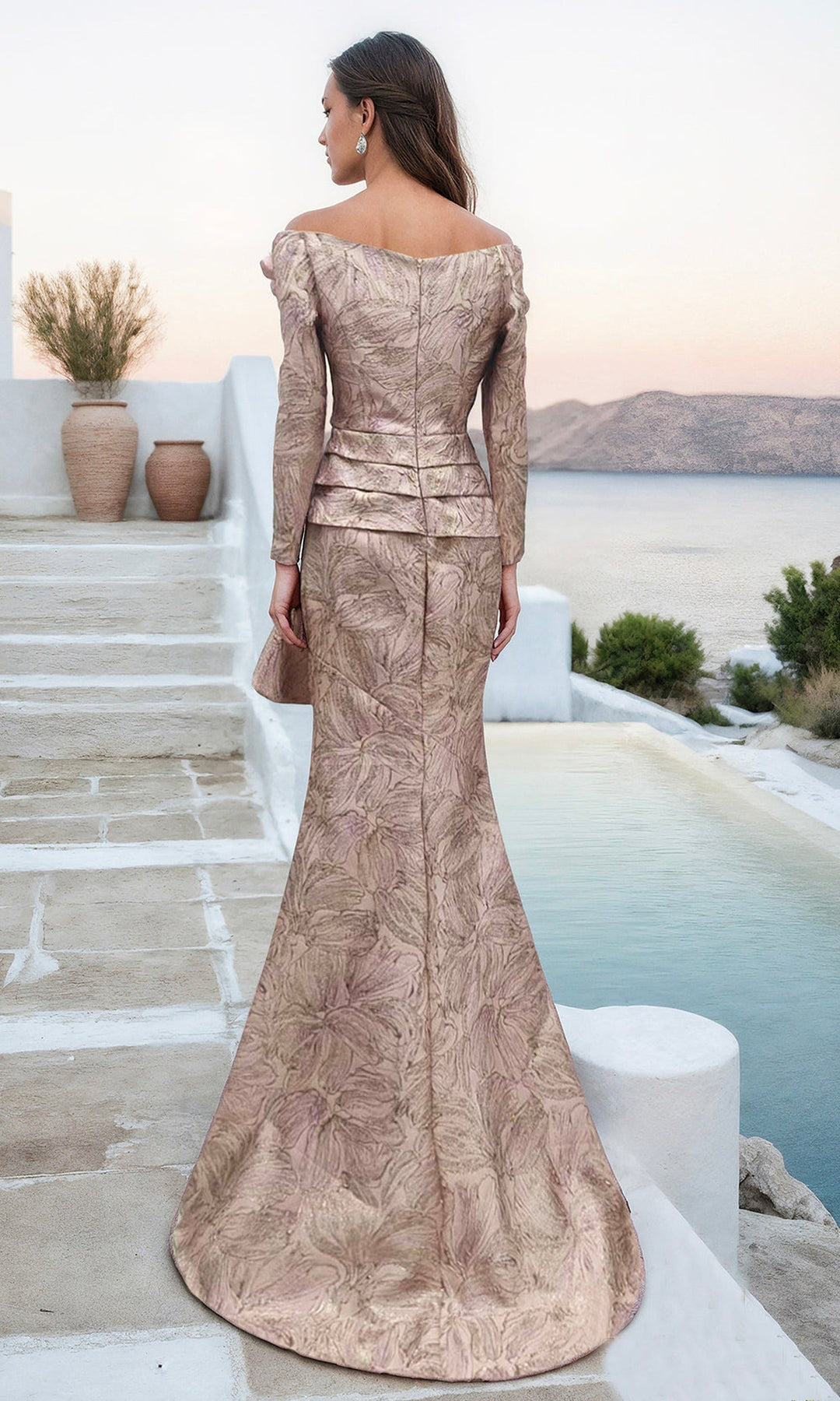 Terani Couture 261M6448 Long Sleeve Jacquard Trumpet Dress
