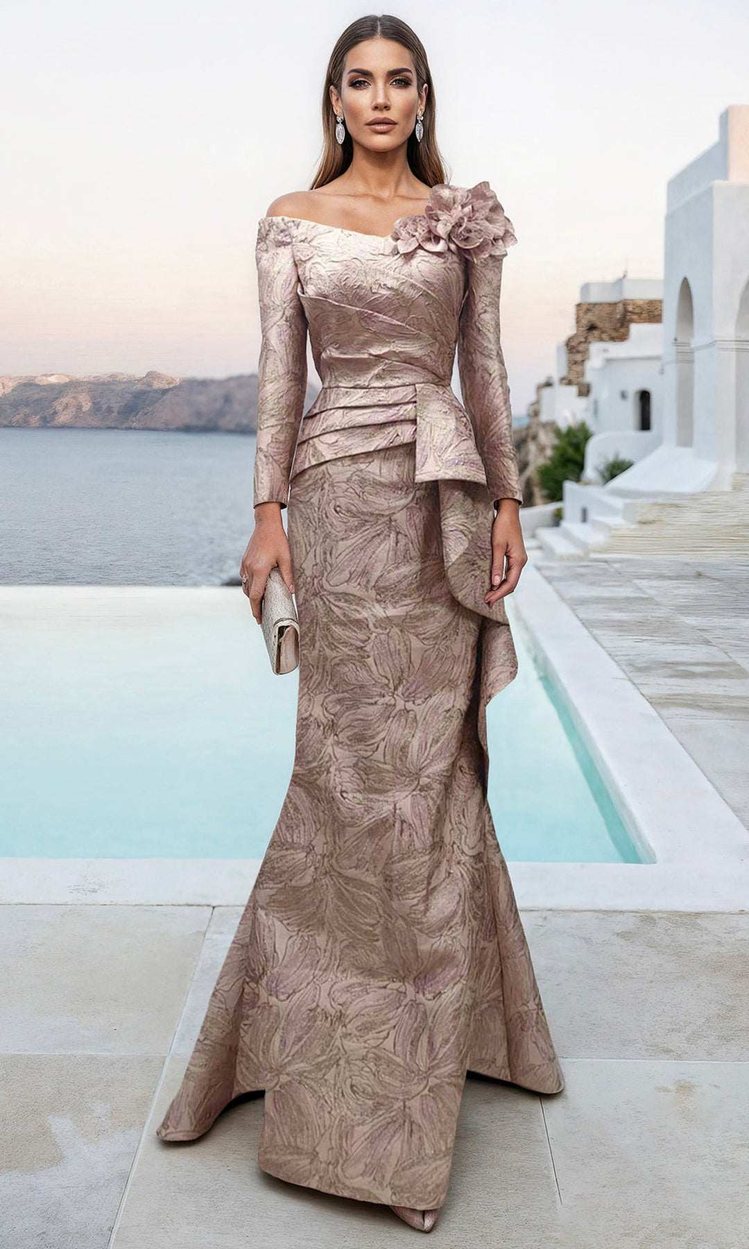 Terani Couture 261M6448 Long Sleeve Jacquard Trumpet Dress