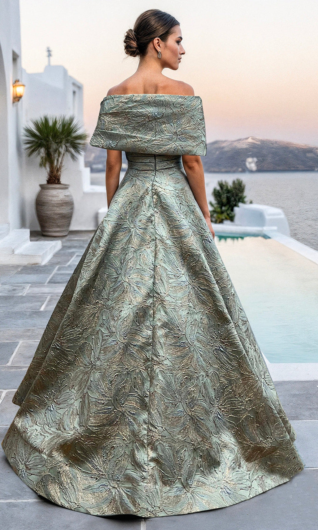 Terani Couture 261M6453 Off Shoulder Jacquard Gown with Beaded Brooch