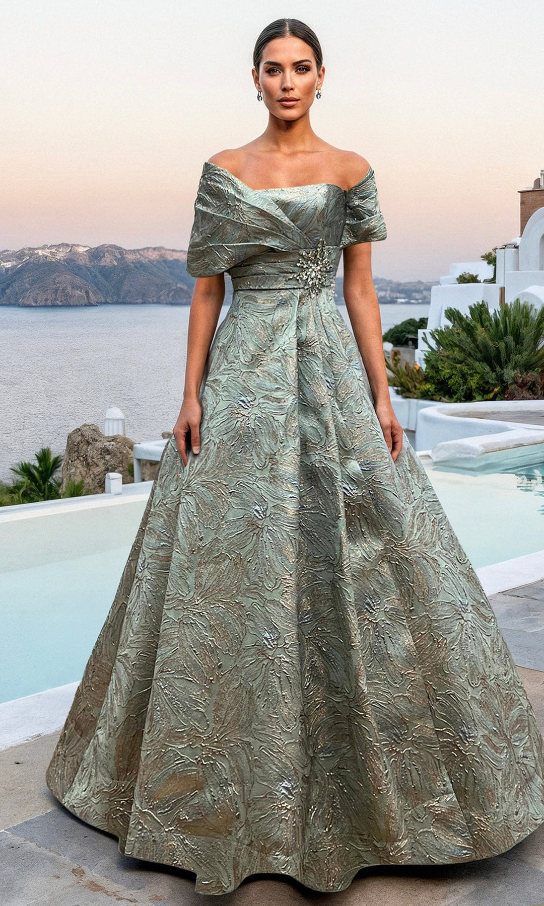 Terani Couture 261M6453 Off Shoulder Jacquard Gown with Beaded Brooch