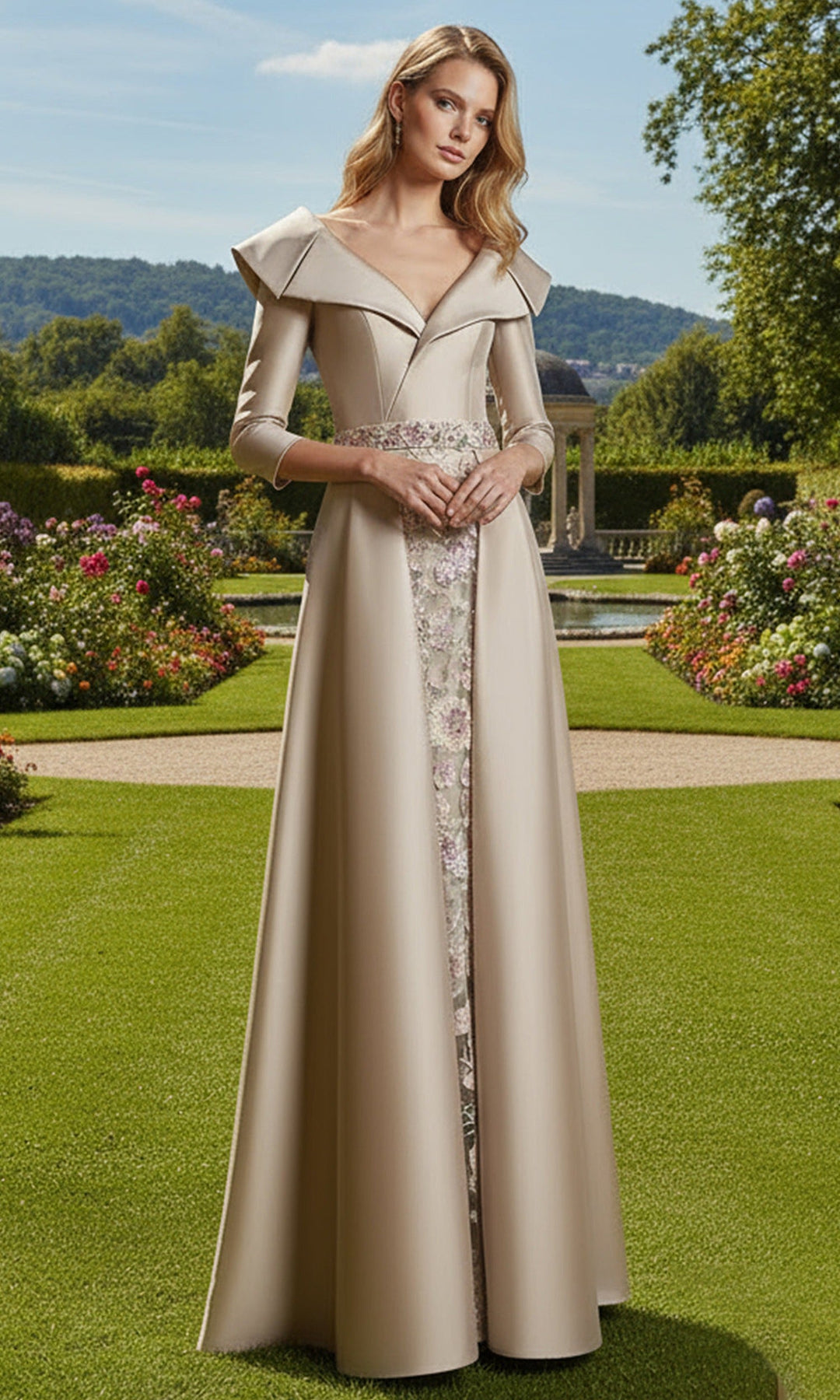 Terani Couture 261M6455 V-Neckline Embroidered Gown with Overskirt
