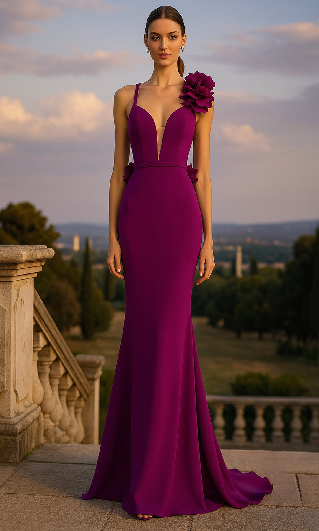 Terani Couture 261P6061 Crisscross Back Sheath Gown with Floral Detail