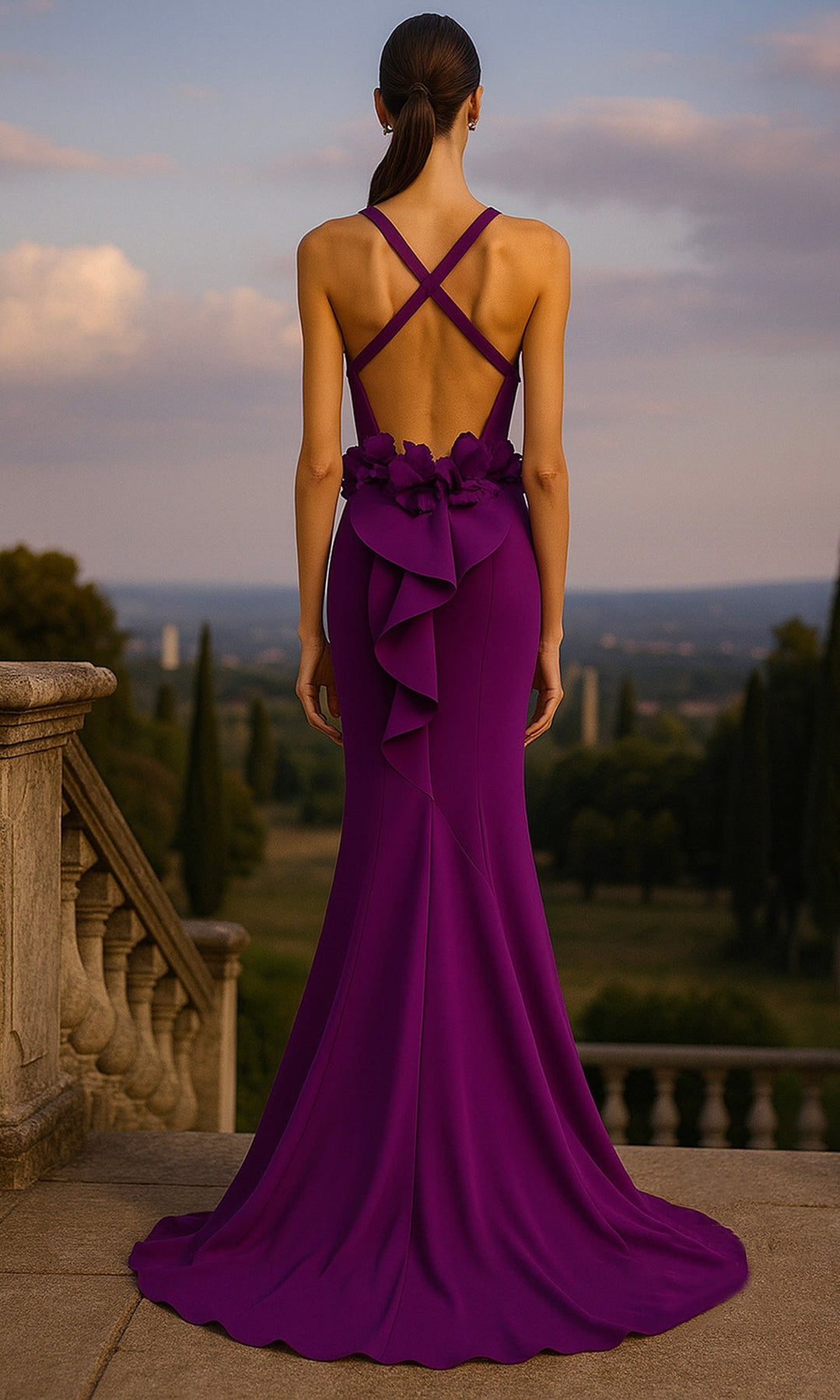 Terani Couture 261P6061 Crisscross Back Sheath Gown with Floral Detail