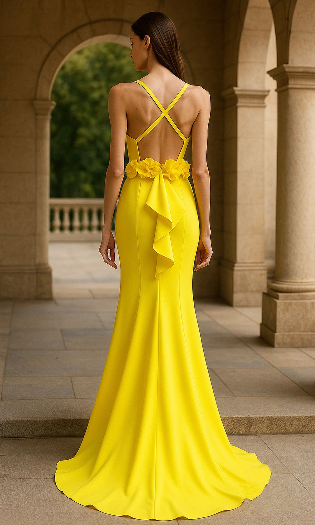 Terani Couture 261P6061 Crisscross Back Sheath Gown with Floral Detail