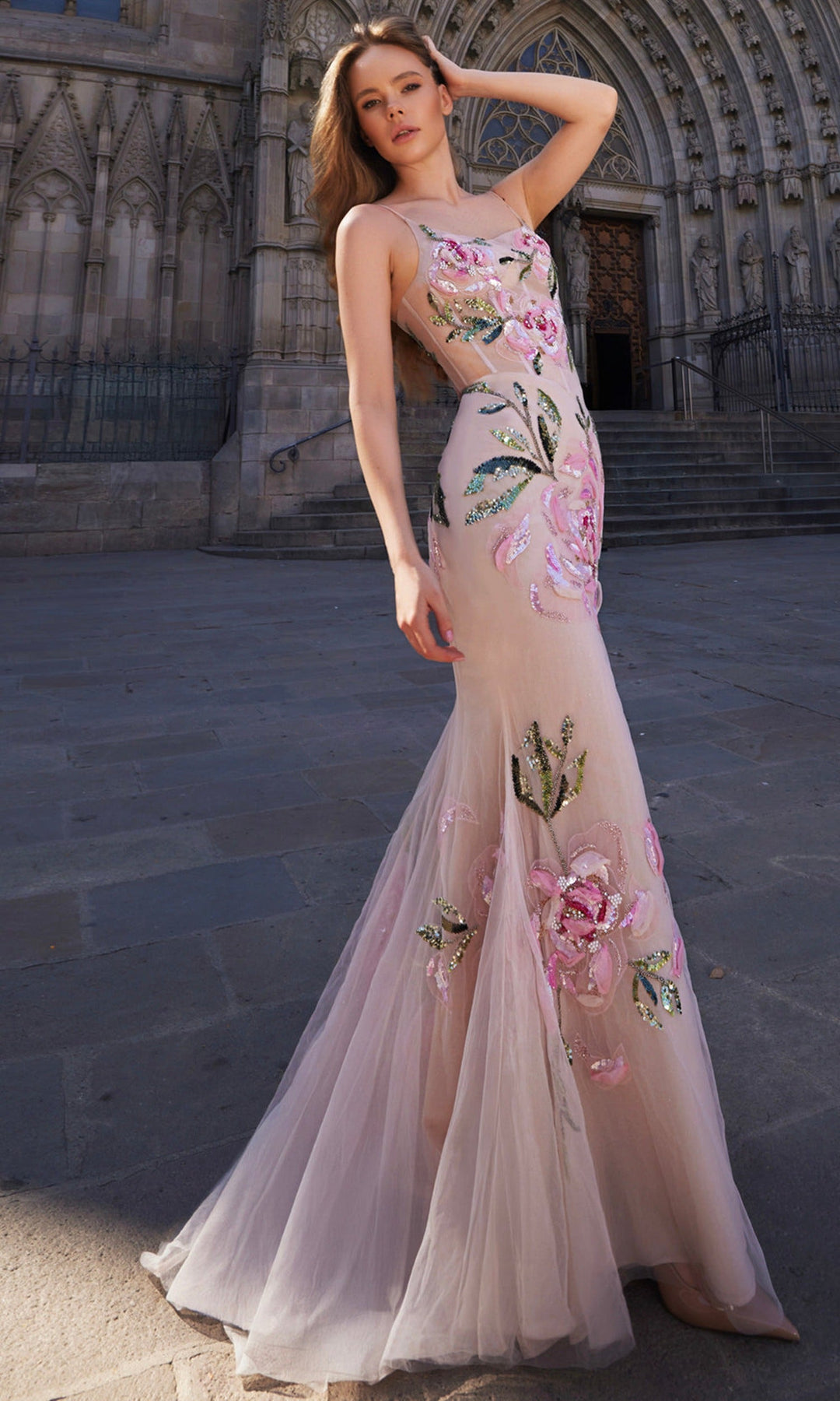 Terani Couture 261P6677 Floral Embellished Scoop Dress