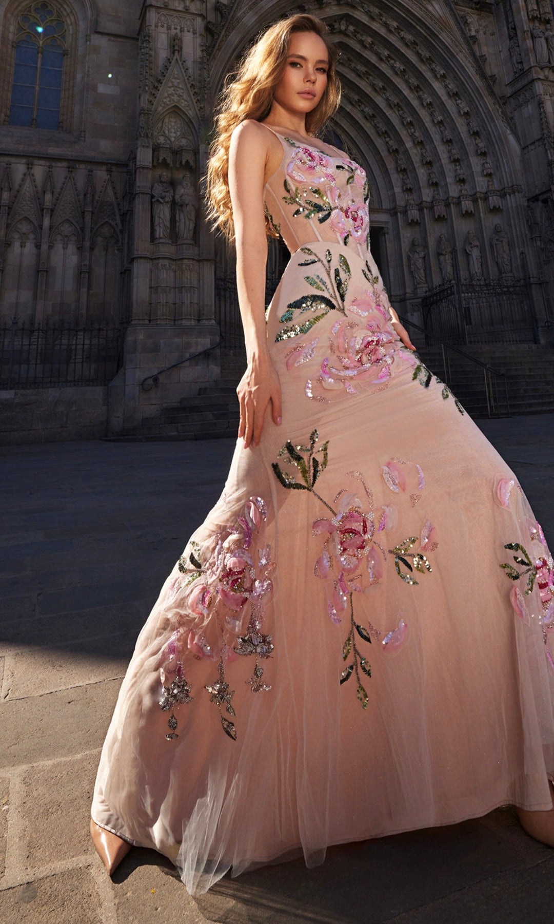 Terani Couture 261P6677 Floral Embellished Scoop Dress