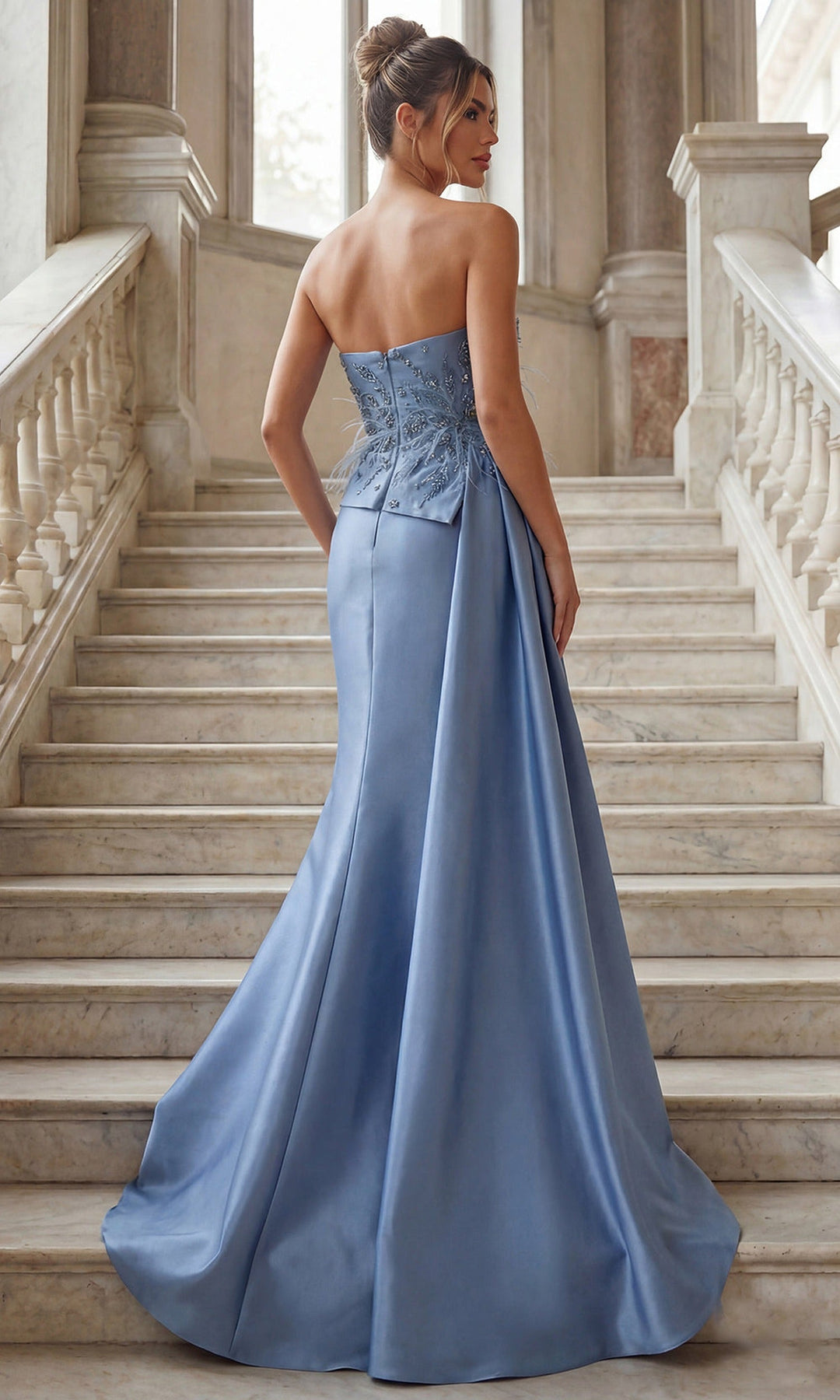 Terani Couture 262E7052 - Feather Embellished Asymmetric Long Gown