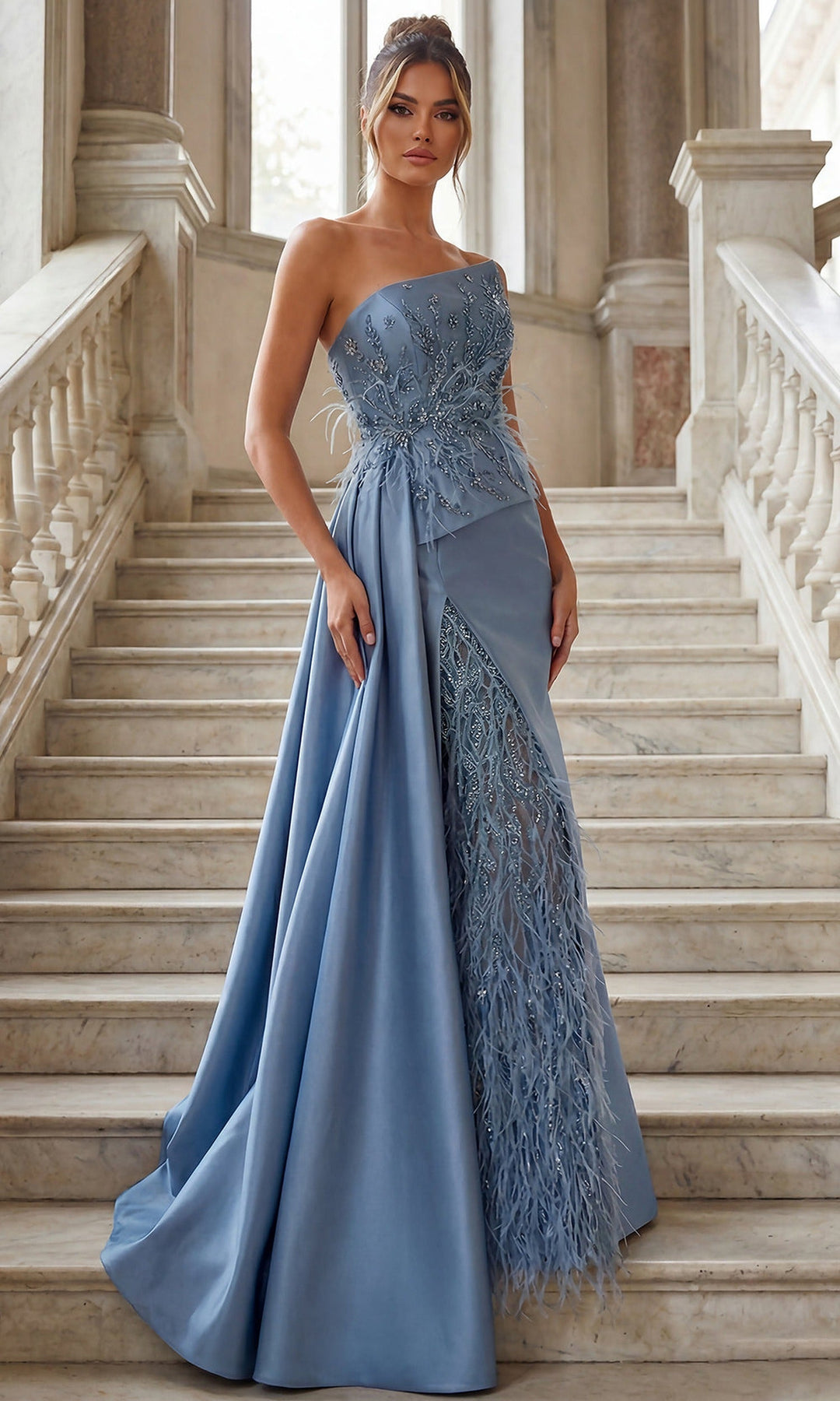 Terani Couture 262E7052 - Feather Embellished Asymmetric Long Gown