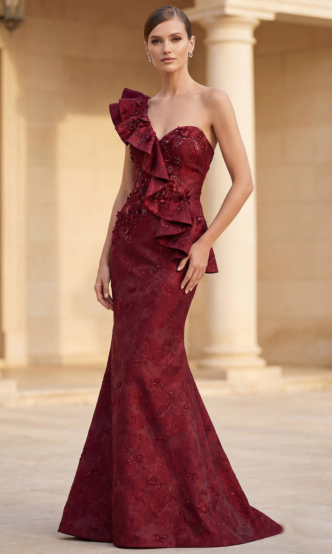 Terani Couture 262E7136 - Jacquard Mermaid Gown with Ruffle Accent