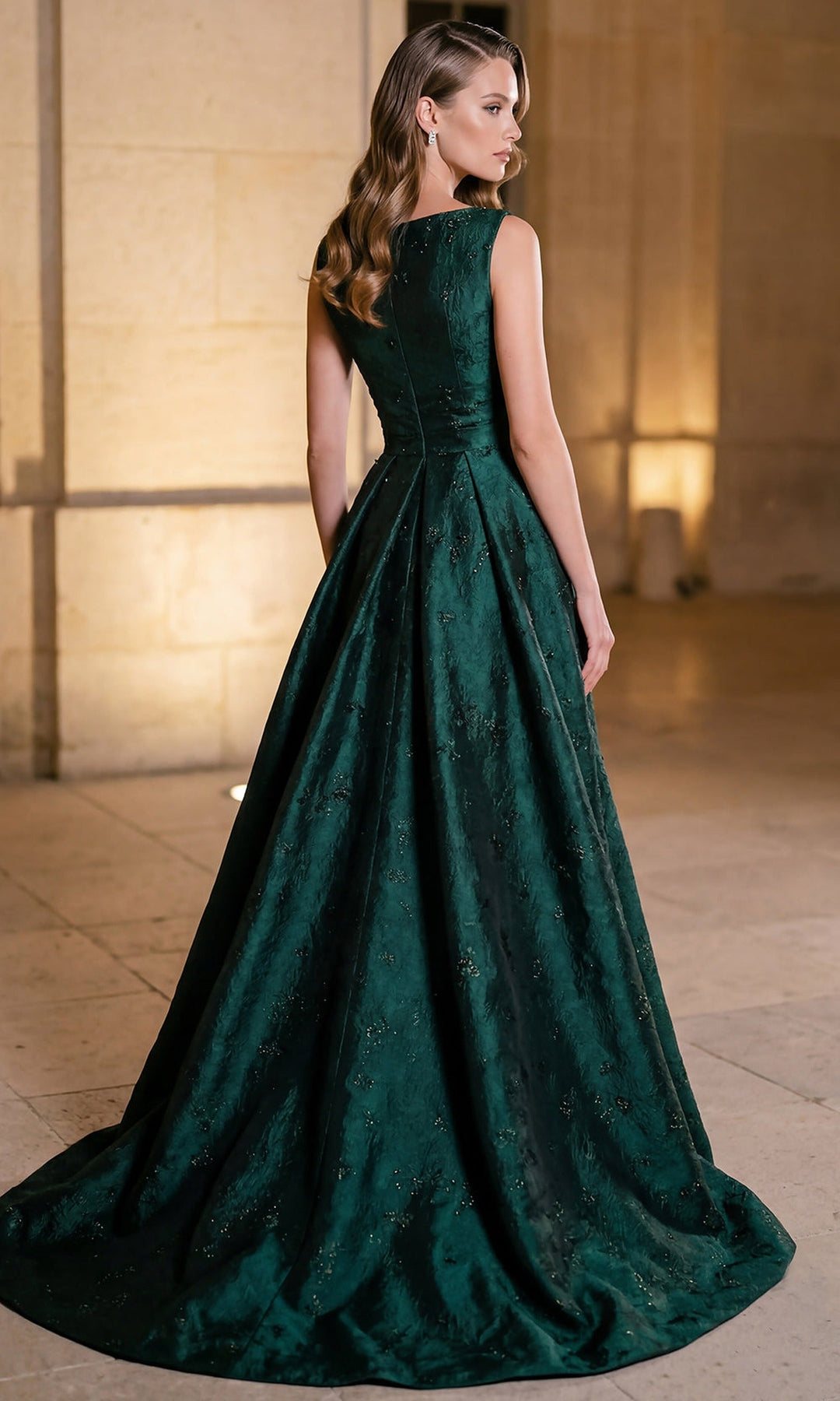 Terani Couture 262E7138 - Plunging V-Neck Floral Accent Jacquard Gown
