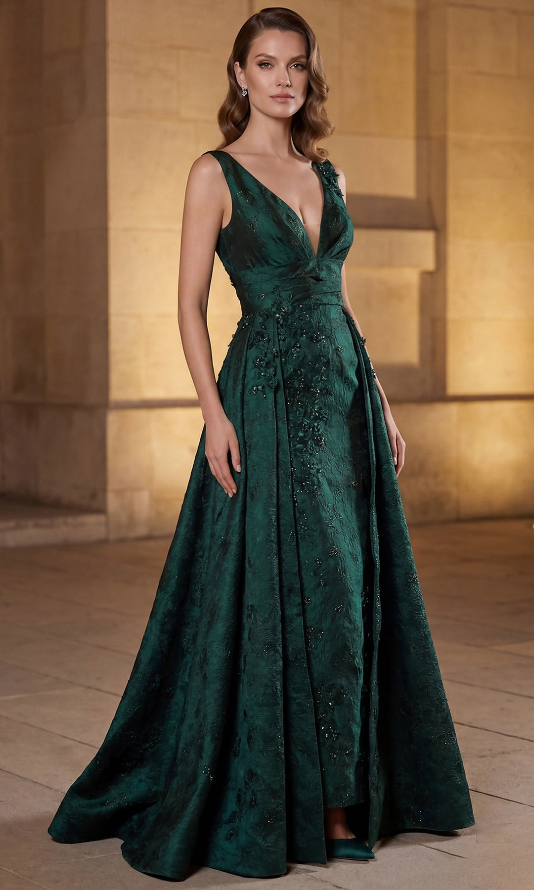 Terani Couture 262E7138 - Plunging V-Neck Floral Accent Jacquard Gown