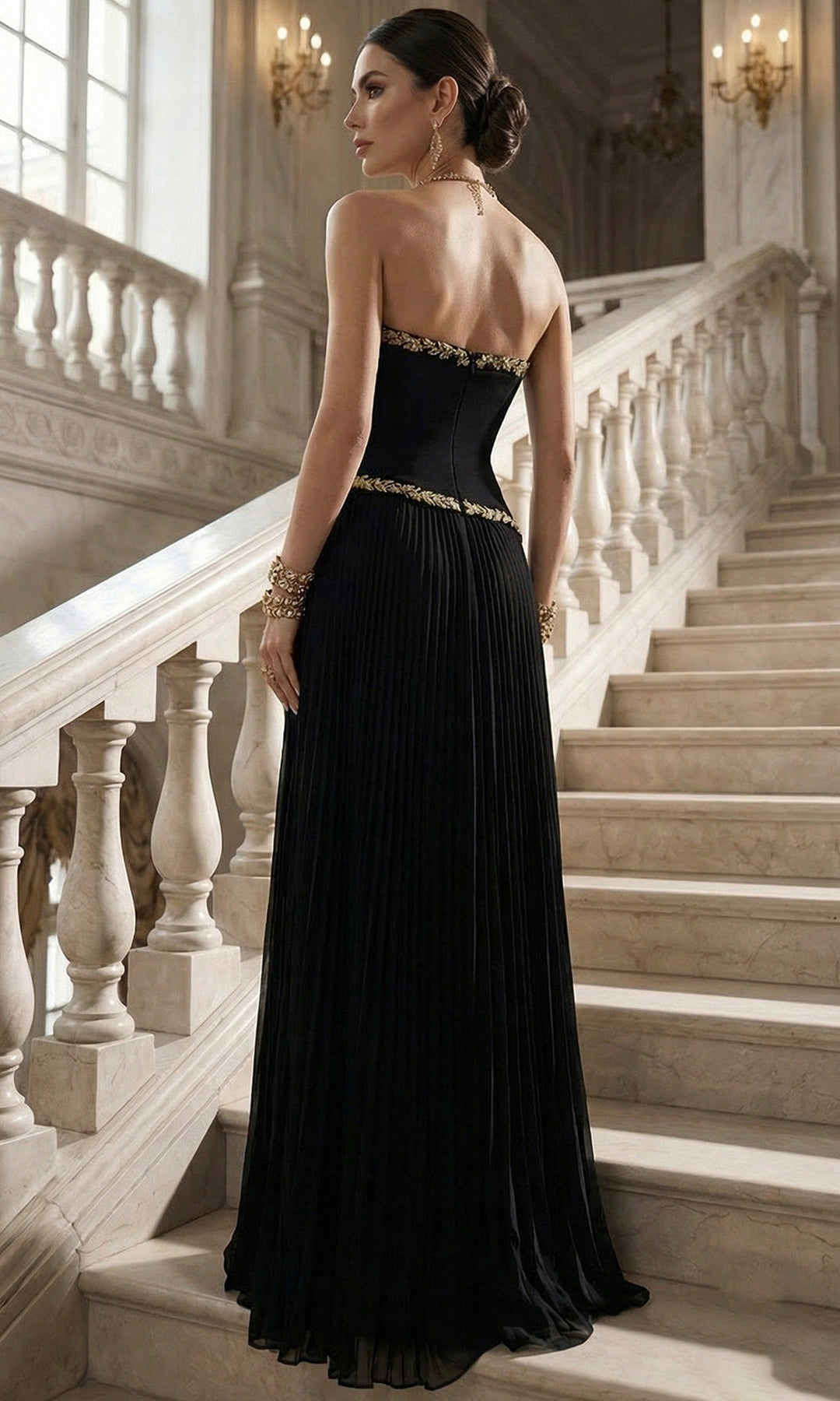 Terani Couture 262E7352 - Embroidered Trim Strapless Pleated Gown