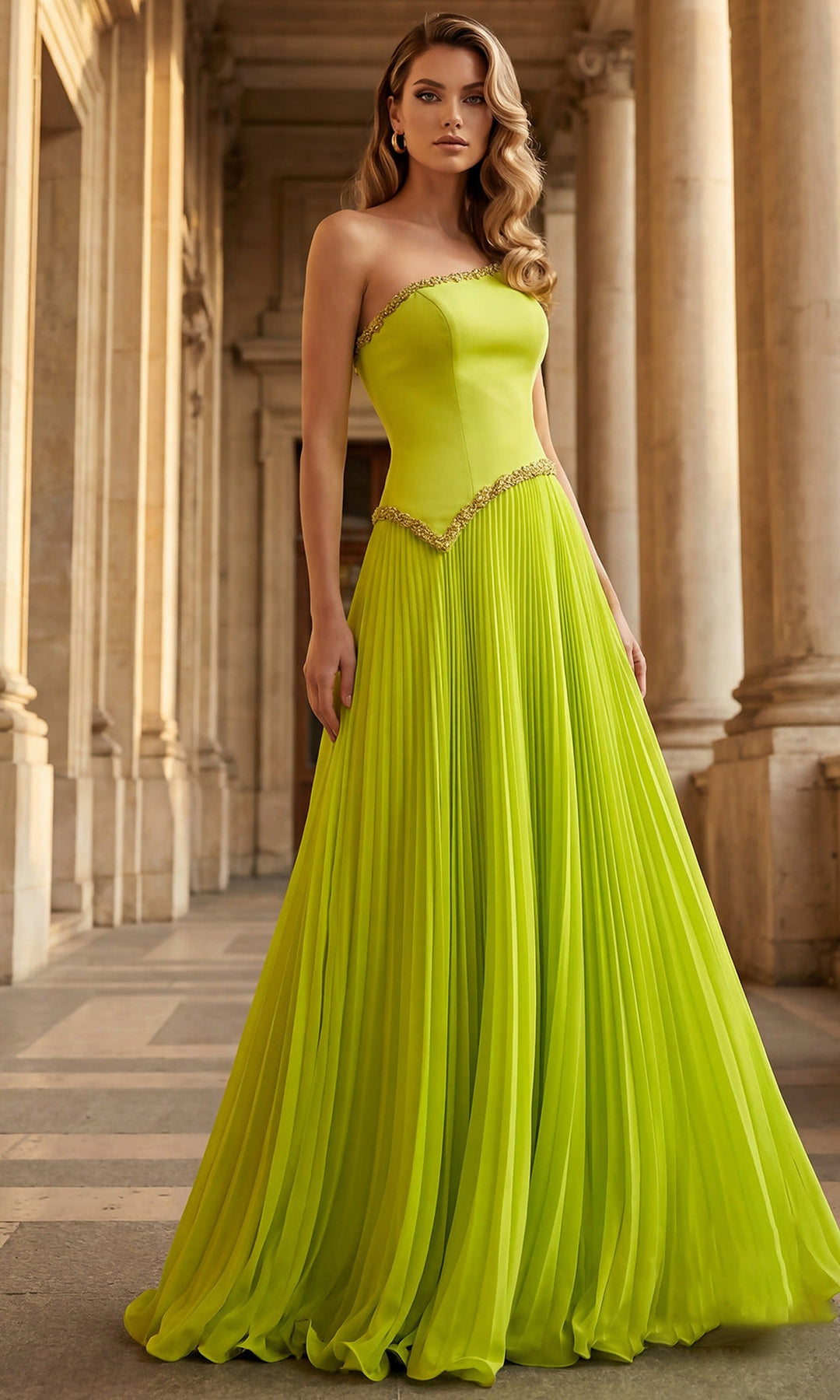 Terani Couture 262E7352 - Embroidered Trim Strapless Pleated Gown