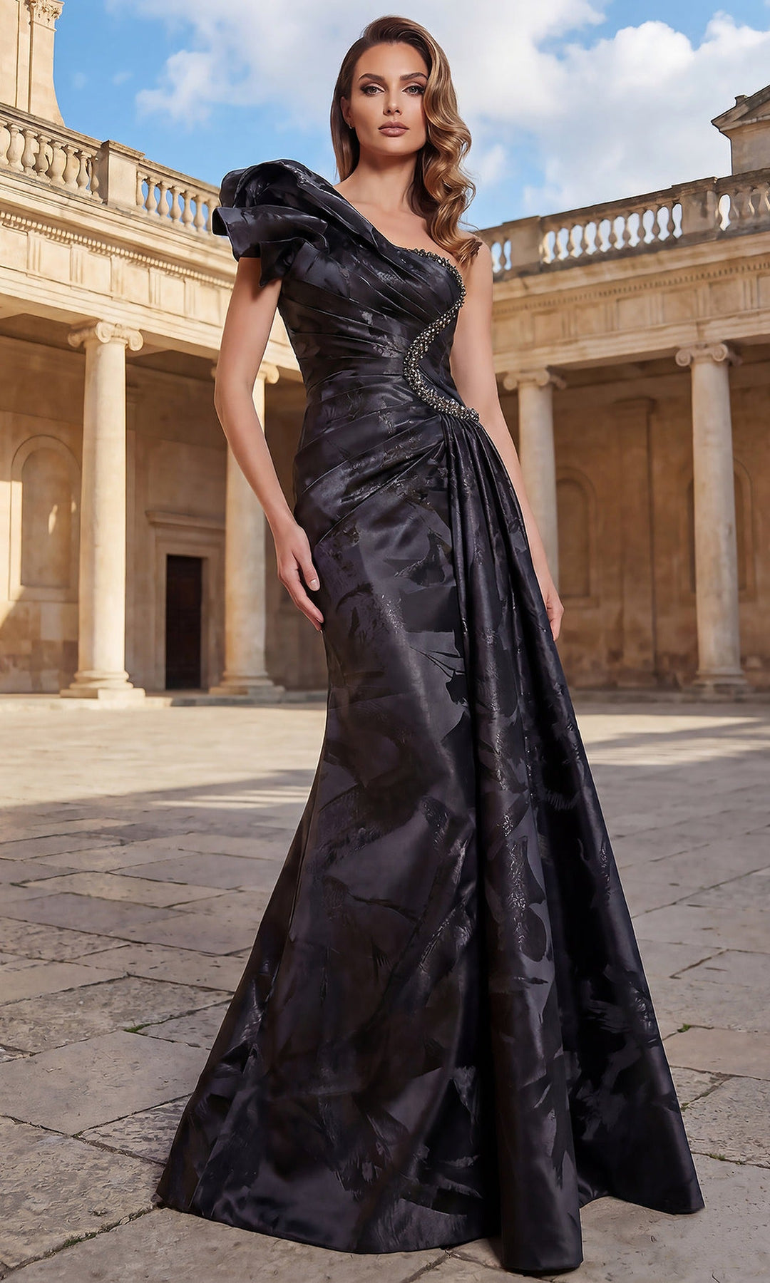 Terani Couture 262E7376 - Sculptural Ruffle Asymmetric Long Gown