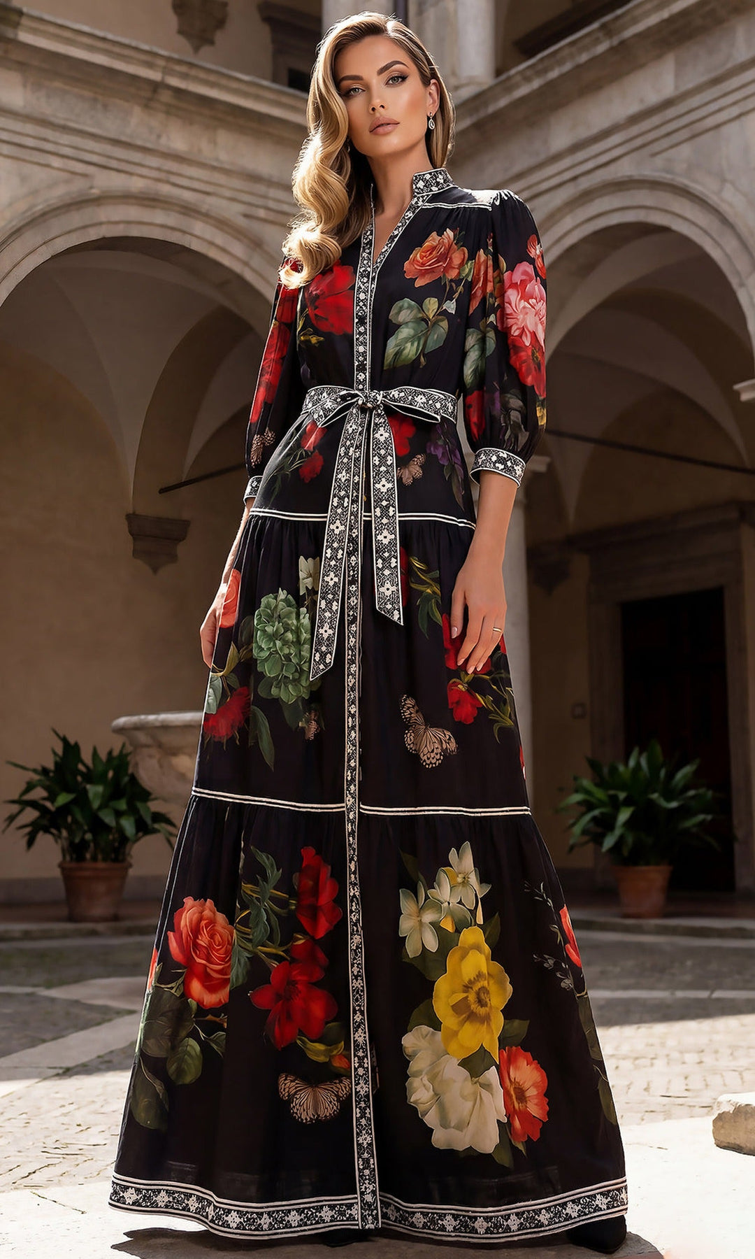 Terani Couture 262E7508 - Tiered A-Line Floral Print Gown