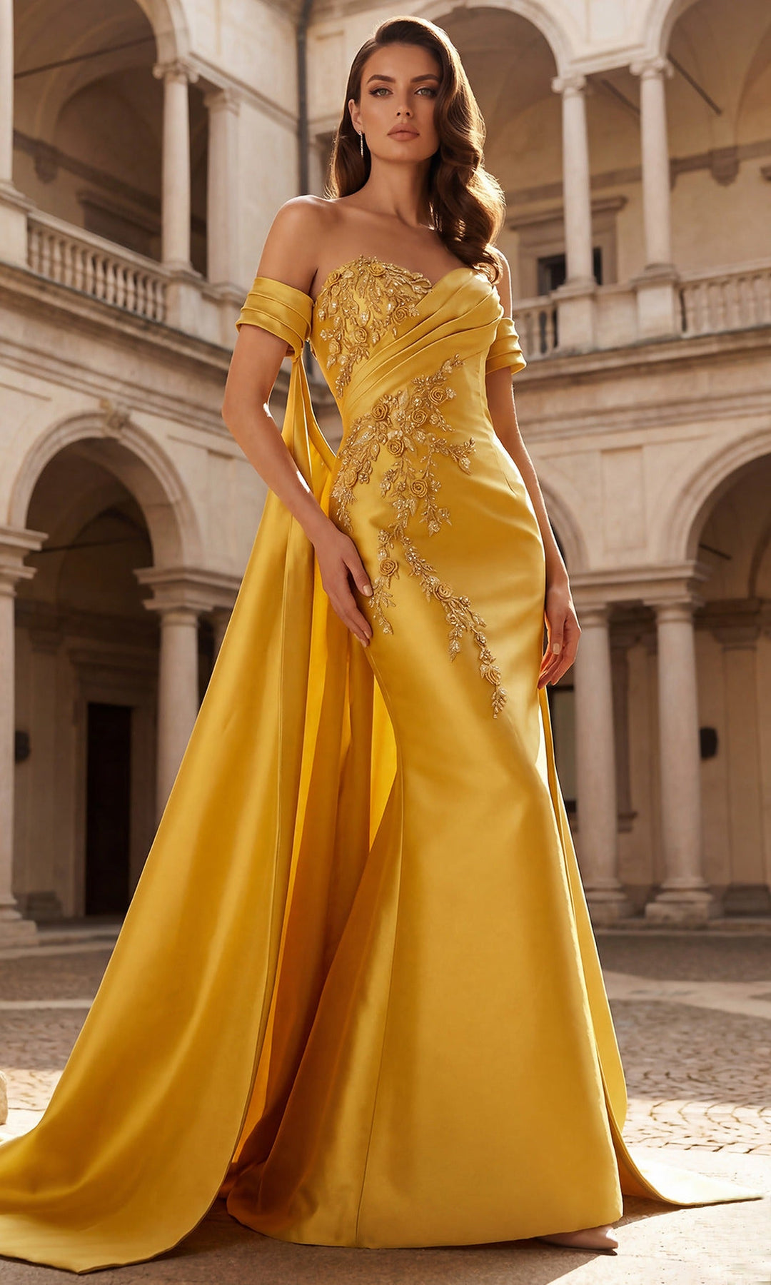 Terani Couture 262M7252 - Cape Overlay Off Shoulder Embellished Gown
