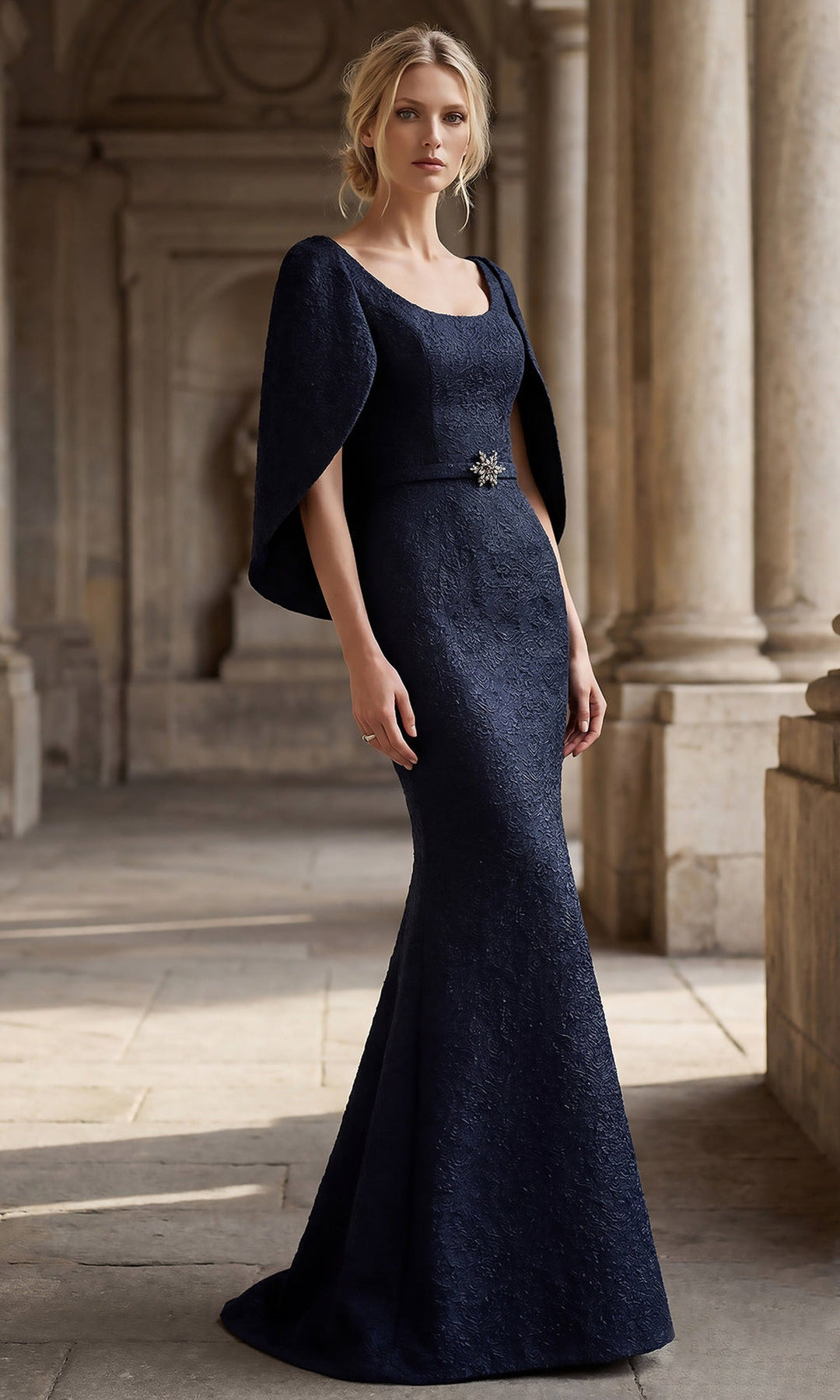 Terani Couture 262M7262 - Cowl-Back Cape Textured Formal Gown