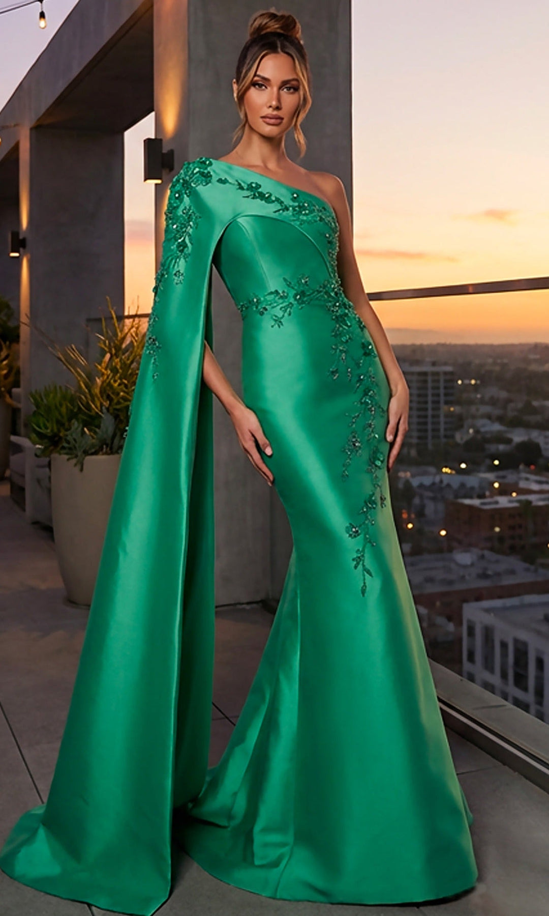 Terani Couture 262M7275 - Asymmetric Beaded Applique Formal Gown