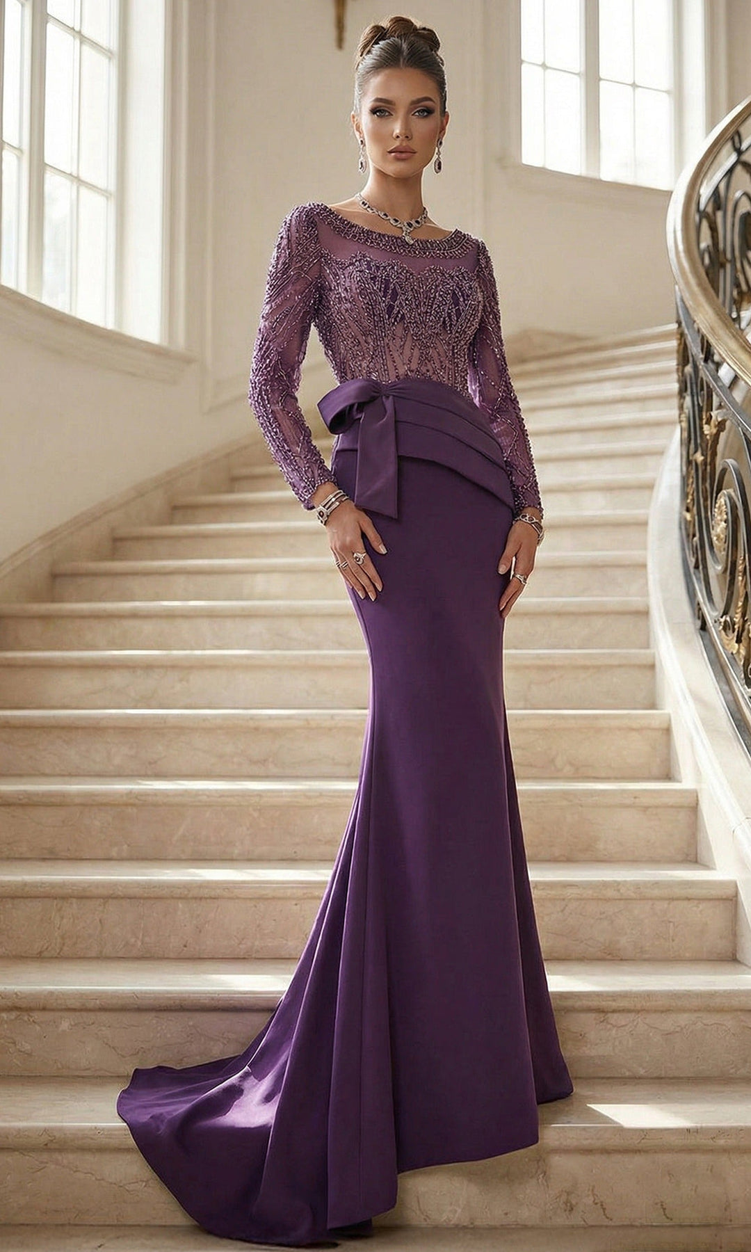 Terani Couture 262M7293 - Long Sleeve Crystal Beaded Long Gown