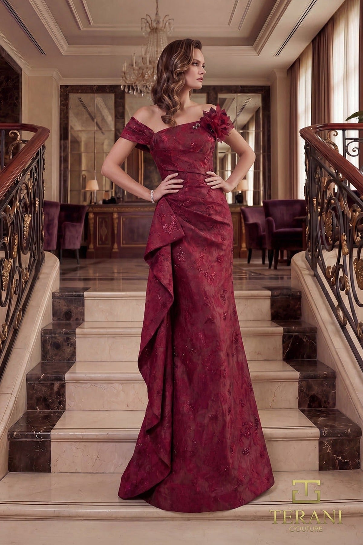 Terani Couture 262M7298 - Jacquard Mermaid Long Gown with Side Drape