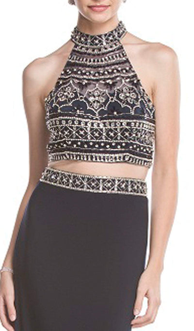 Two Piece Beaded High Halter Evening Gown Dress