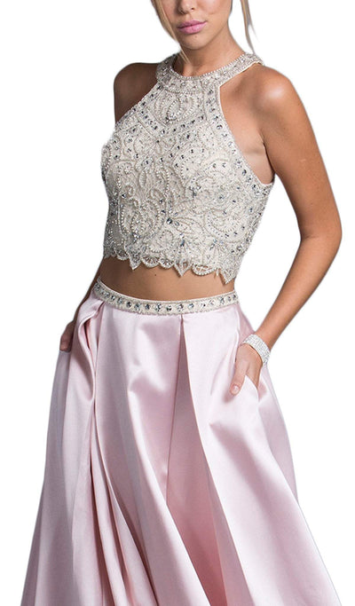 Two Piece Bejeweled Halter Prom Gown Prom Dresses