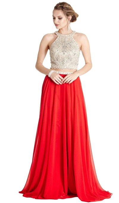 Two Piece Embellished Halter A-line Prom Dress Dress