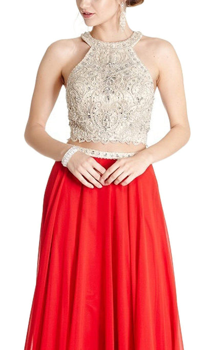 Two Piece Embellished Halter A-line Prom Dress Dress