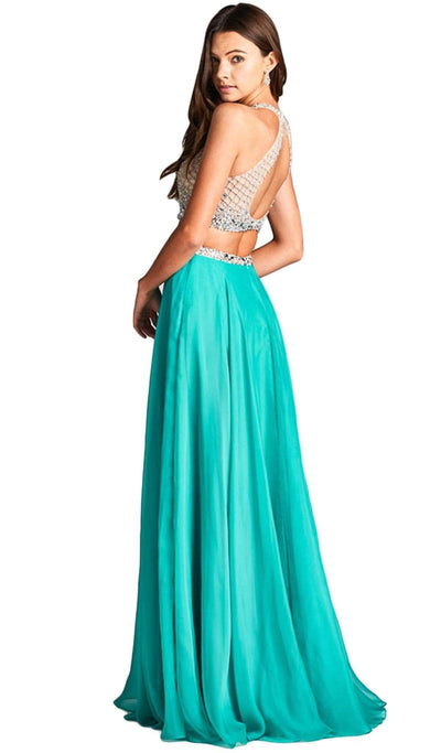 Two Piece Embellished Halter Neck Prom Dress Dress