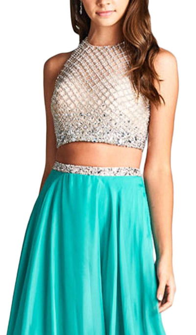 Two Piece Embellished Halter Neck Prom Dress Dress