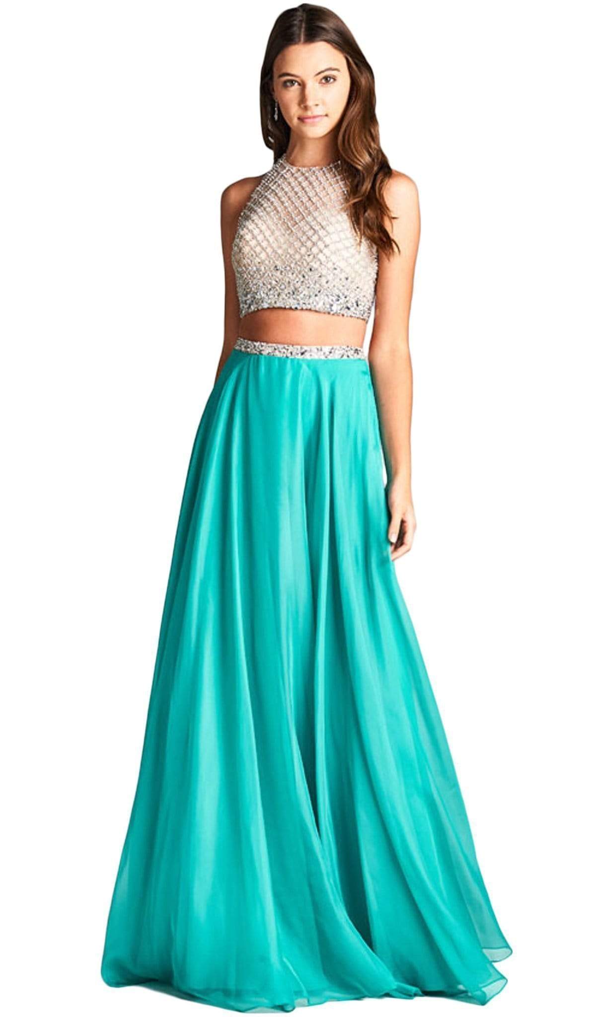 Two Piece Embellished Halter Neck Prom Dress Dress XXS / Jade