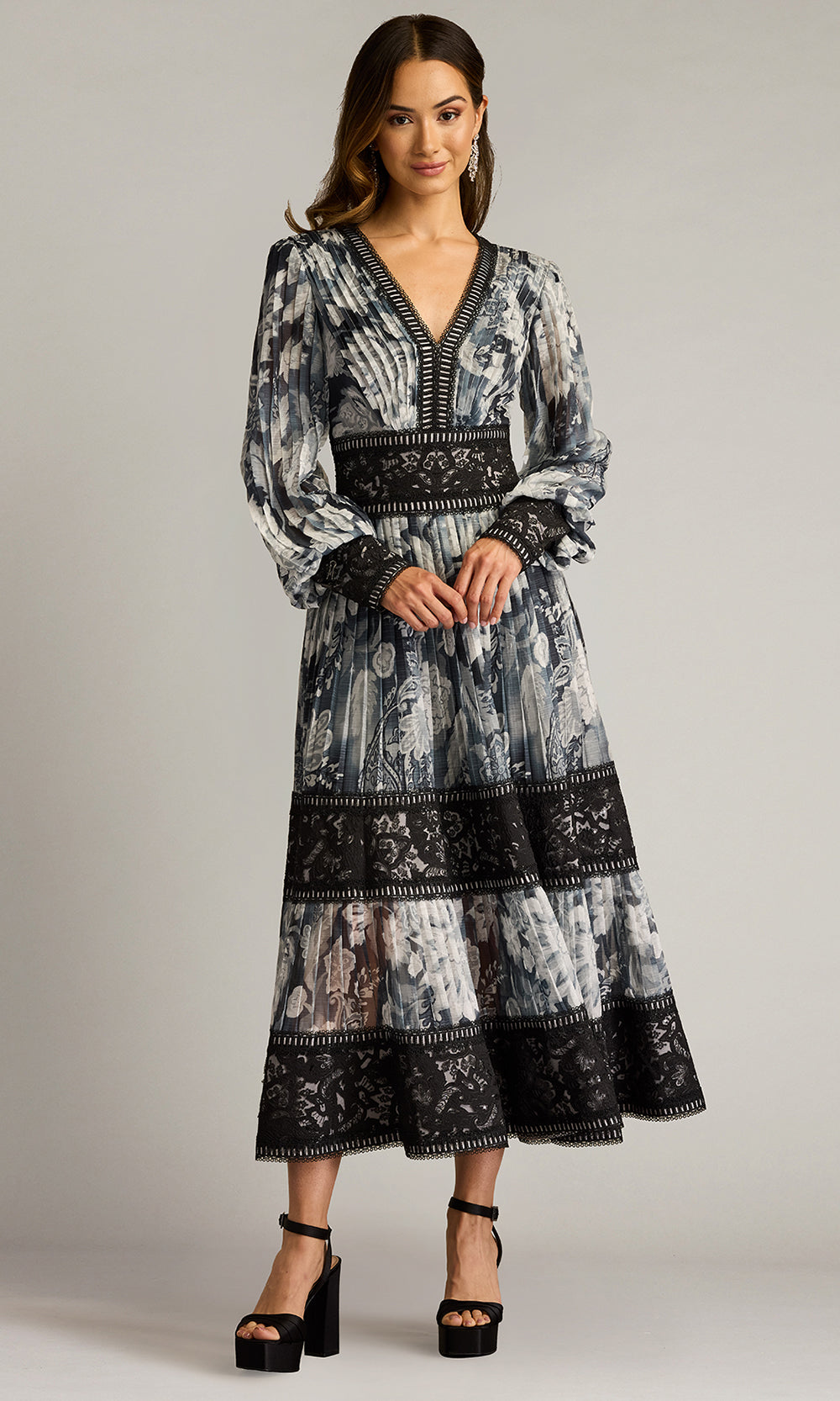 Tadashi Shoji CHP25186MD - Long Sleeve Derby Pleated Chiffon Midi Dress Wedding Guest in White and Black