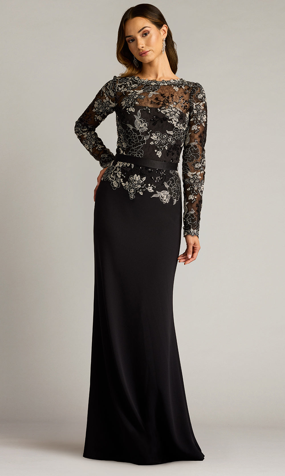 Tadashi Shoji CGU25804L - Beacon Belted Embroidered Illusion Sheath Gown Formal Gowns