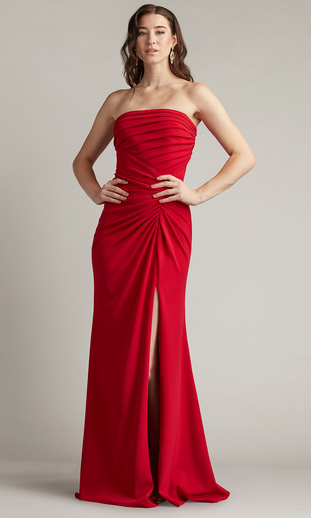 Tadashi Shoji BOS24002L - Dorsett Pleated Crepe Straight Neckline Gown Prom Dresses in Red  