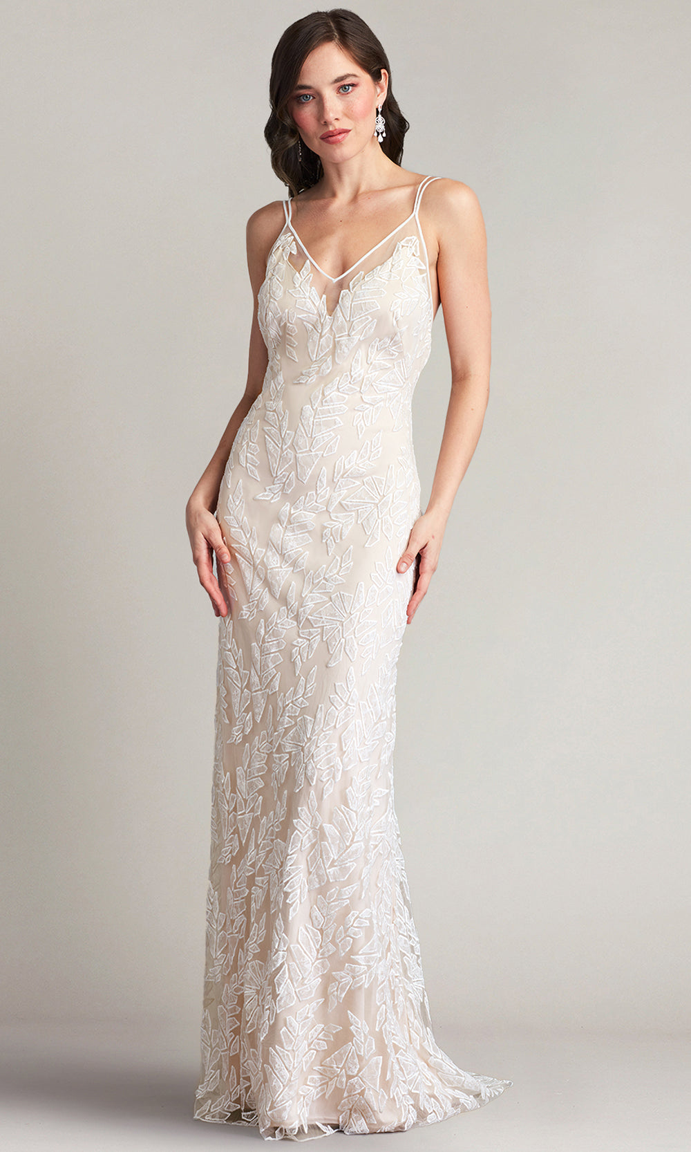 Tadashi Shoji BLB19789LBR - V-Neck Pippa Embroidered Tulle Strap Gown Bridal Dresses in White  