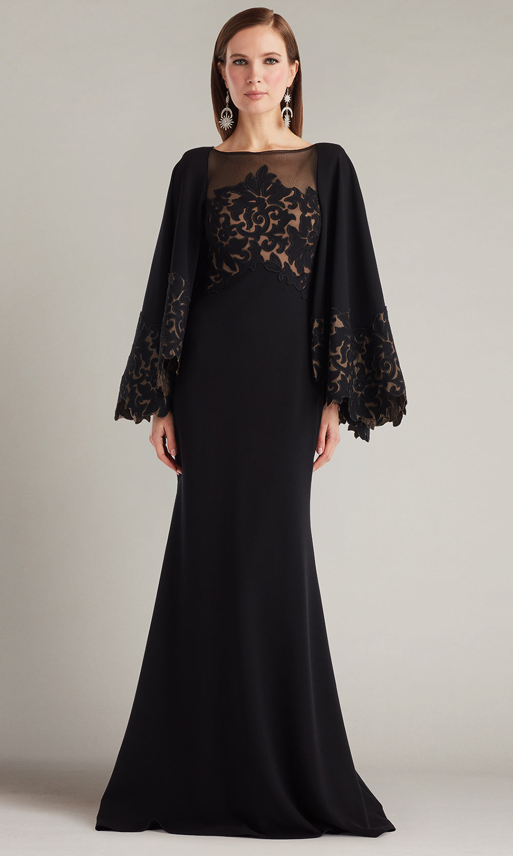 Tadashi Shoji CIN25506L - Delgado Laser-Cut Capelet Sheath Long Gown Mother of the Bride Dresses in Black and Neutral