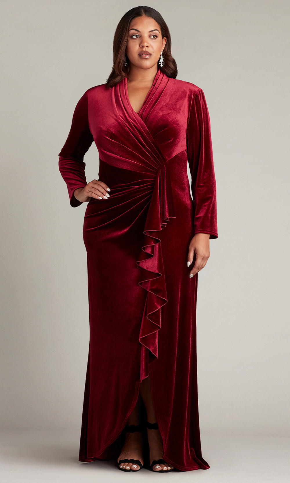 Tadashi Shoji BAL23357LQ - Markum Long-Sleeve Velvet Flounce Evening Gown - PLUS SIZE c in Red  