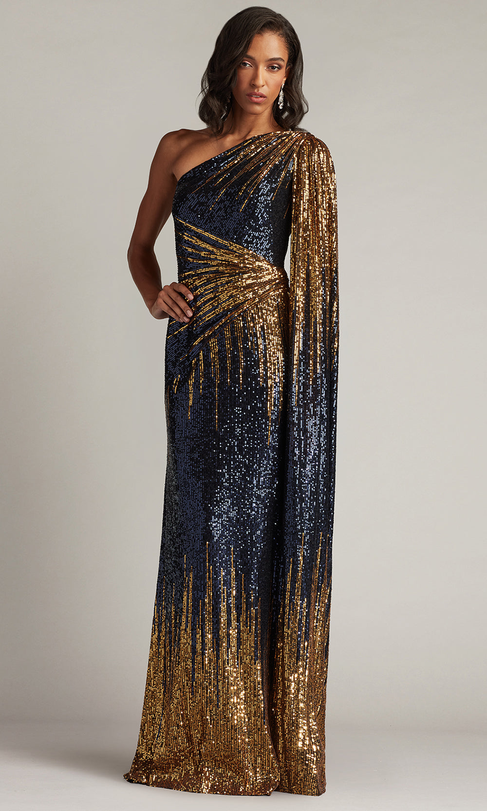 Tadashi Shoji CIR25437L - Marseille Sequin Cape-Sleeve One Shoulder Gown Prom Dresses in Blue  