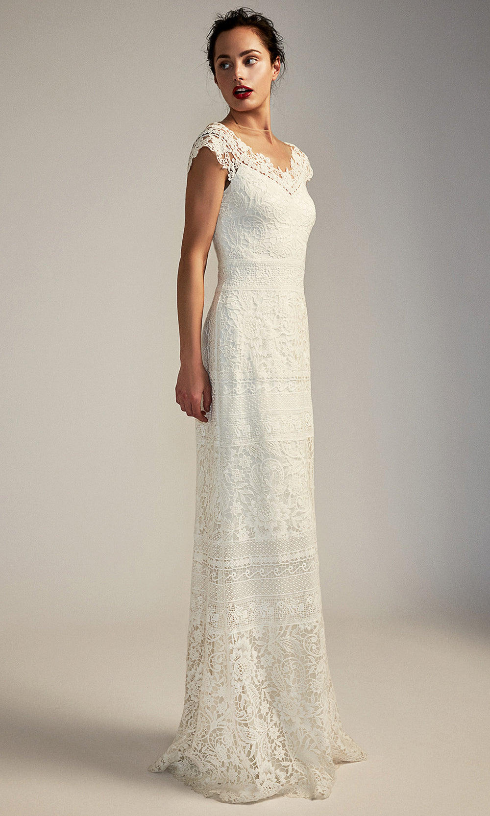 Tadashi Shoji BBH17607LBR - Joelle Cap Sleeve Lace Pattern Bridal Gown Wedding Dresses in White  