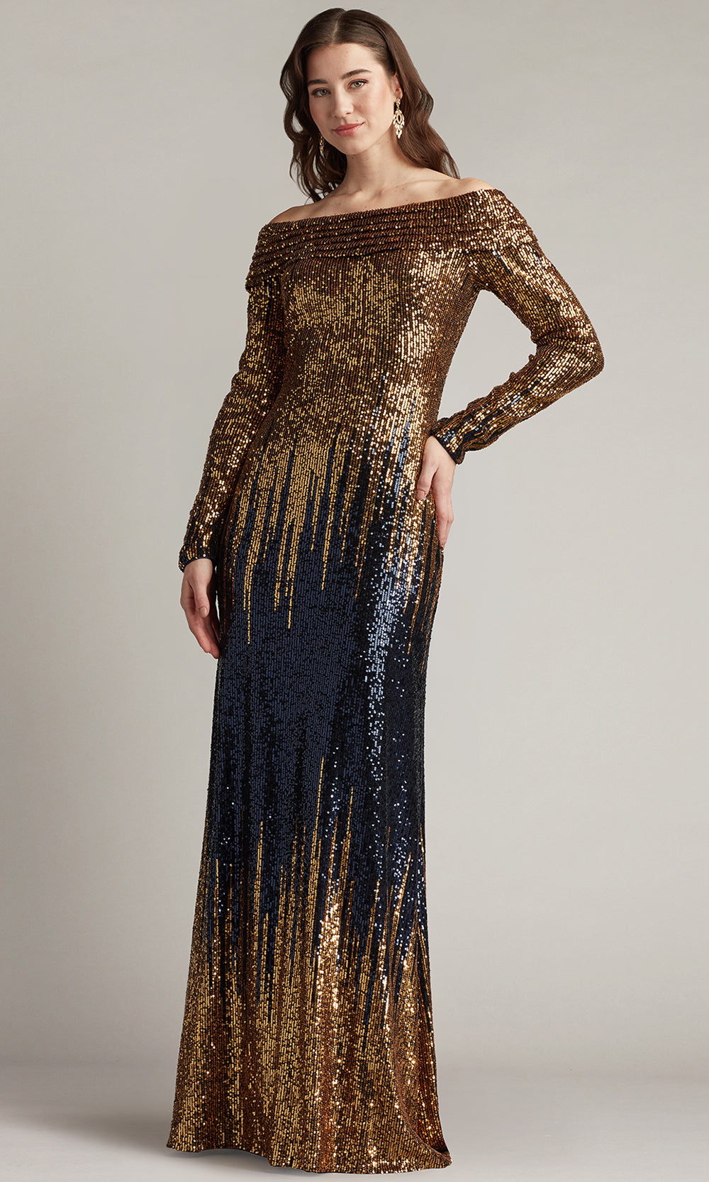 Tadashi Shoji CIR25444L - Vionne Off-Shoulder Sequin Long Sleeve Gown Mother of the Bride Dresses in Blue  