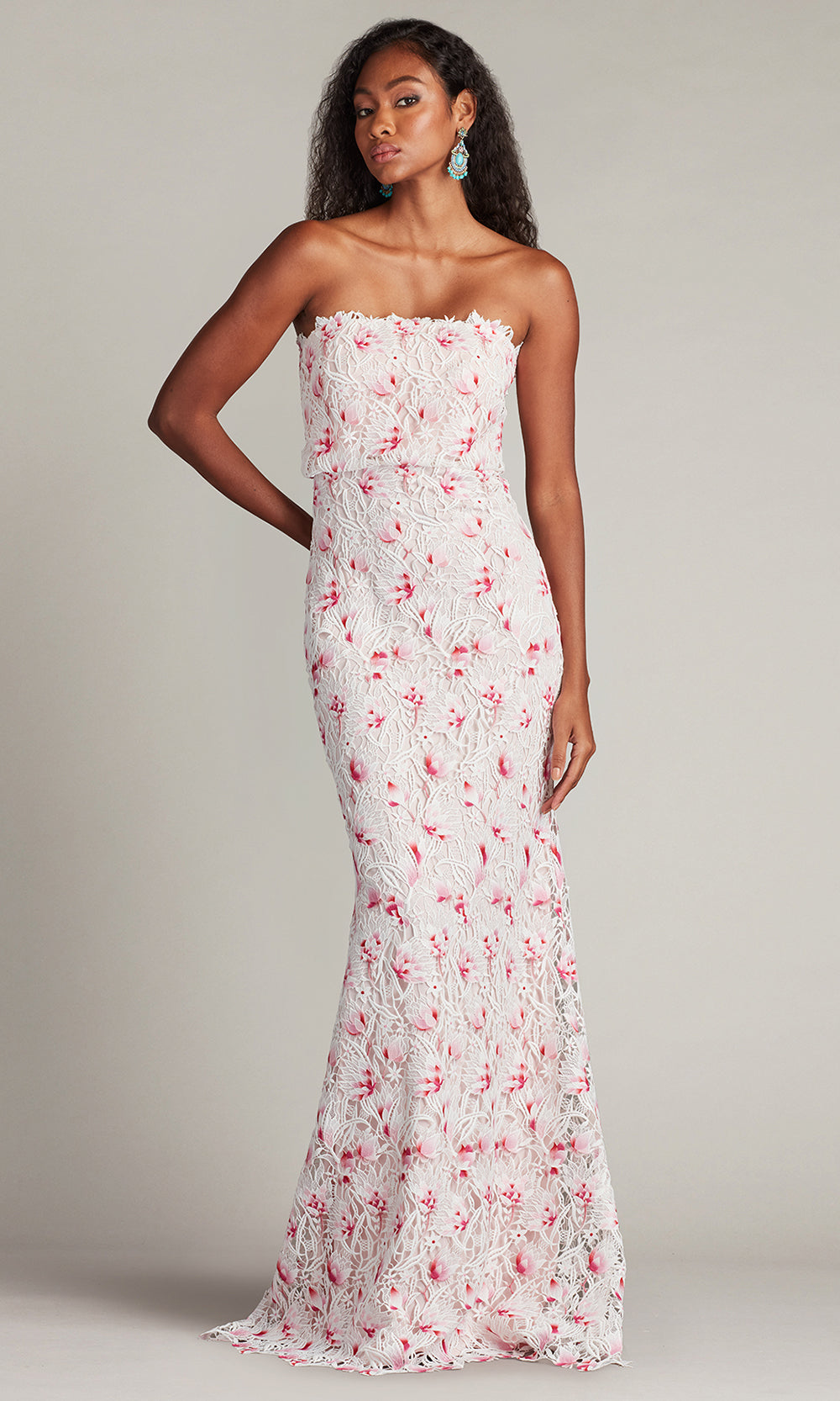 Tadashi Shoji CHY25435LX - Straight Neckline Elissa Lace Blouson Gown Prom Dresses in White and Pink
