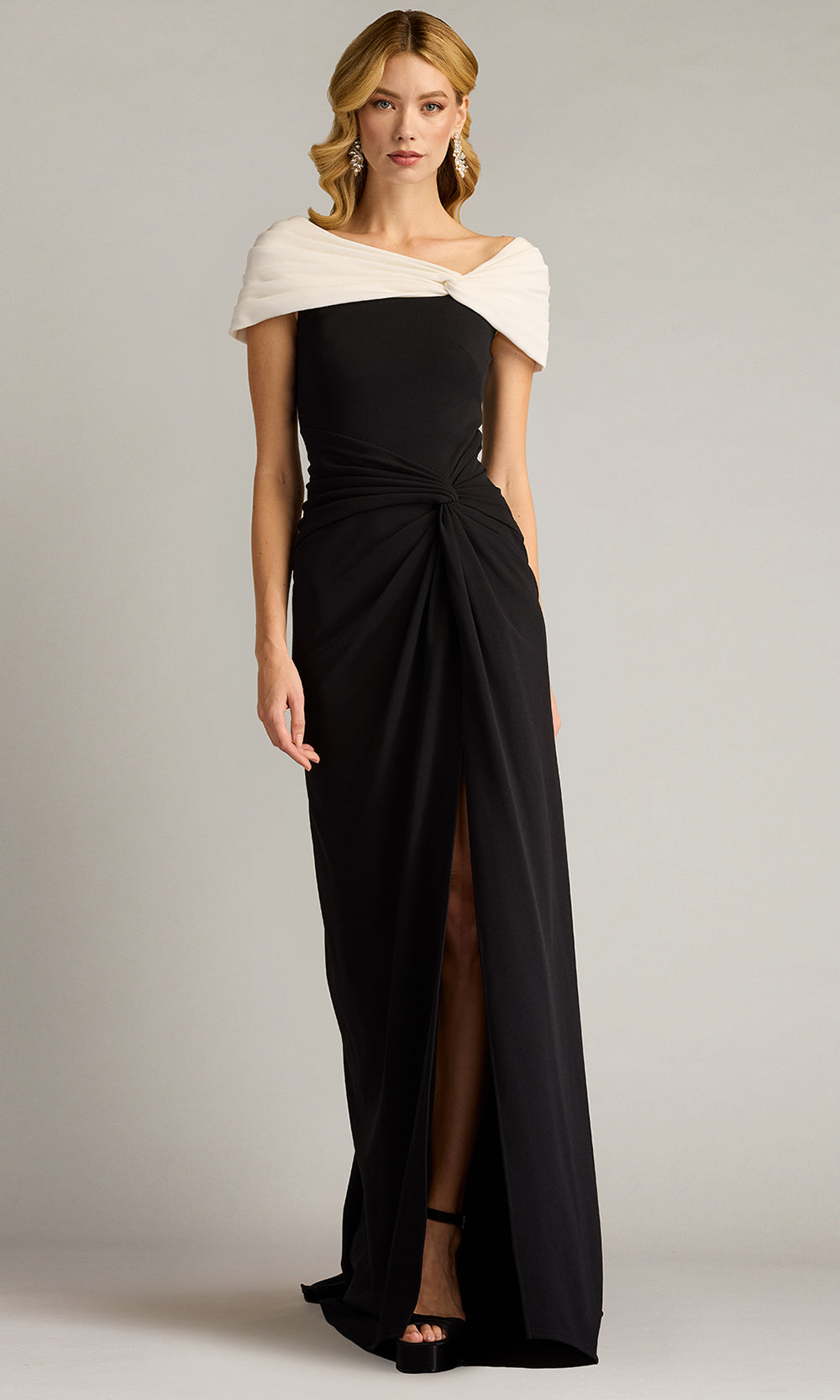Tadashi Shoji BOS25146L - Perkins Asymmetric Draped Sheath Gown Prom Dresses in Black and White