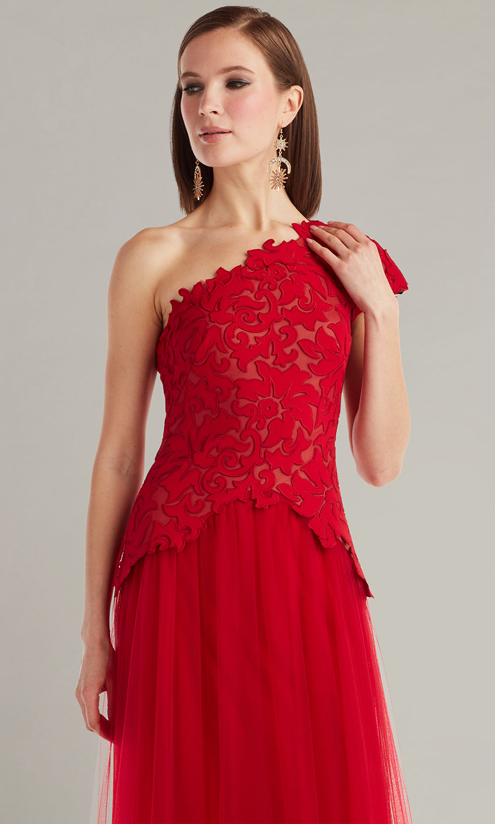 Tadashi Shoji CIN25509L - Marcelline One-Shoulder Laser-Cut A-Line Gown Mother of the Bride Dresses in Red and Neutral