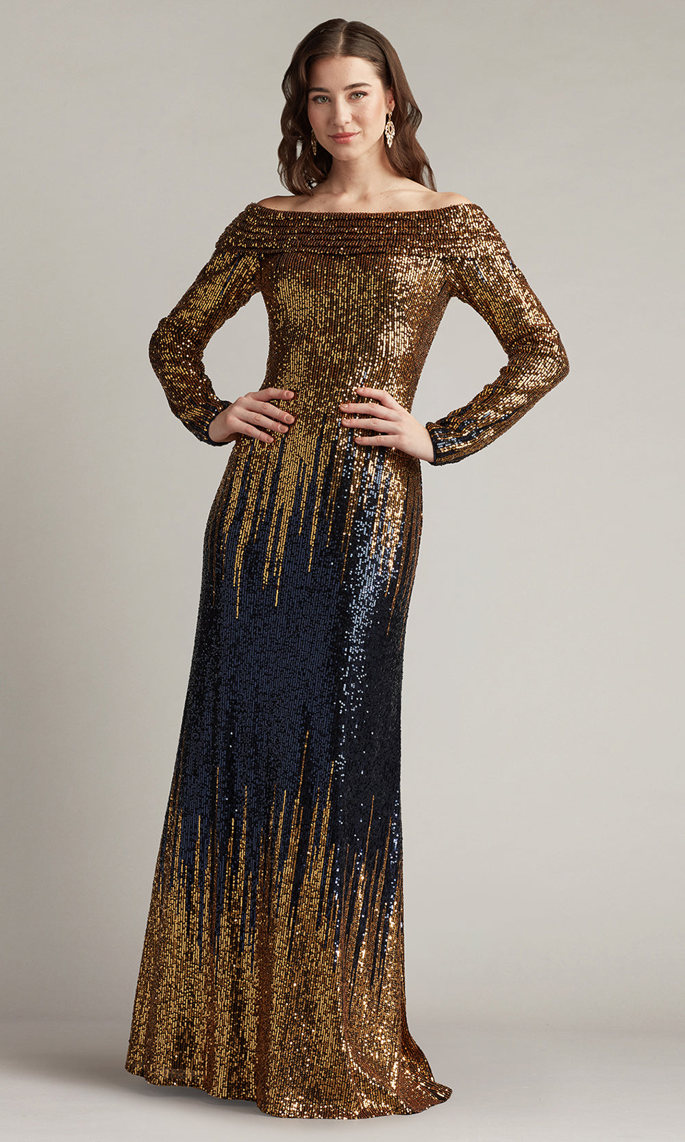 Tadashi Shoji CIR25444L - Vionne Off-Shoulder Sequin Long Sleeve Gown Mother of the Bride Dresses in Blue  
