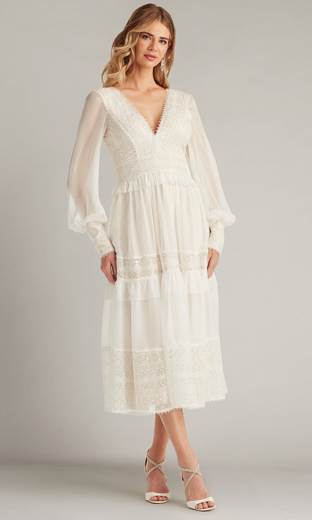 Tadashi Shoji CFW24598MDX - Lace Detail V-Neckline A-Line Dress Wedding Dresses in White  