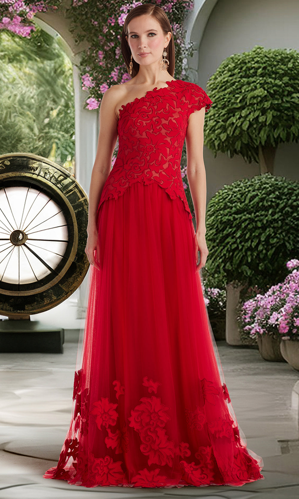 Tadashi Shoji CIN25509L - Marcelline One-Shoulder Laser-Cut A-Line Gown Mother of the Bride Dresses in Red and Neutral