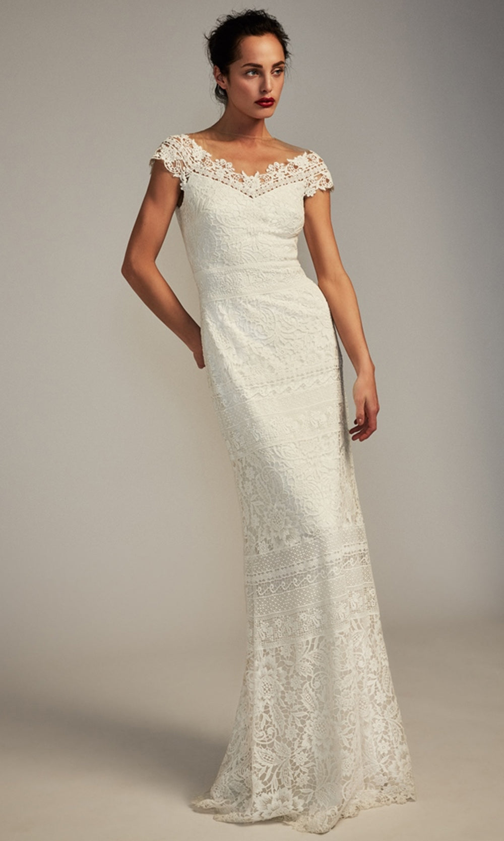 Tadashi Shoji BBH17607LBR - Joelle Cap Sleeve Lace Pattern Bridal Gown Wedding Dresses in White  