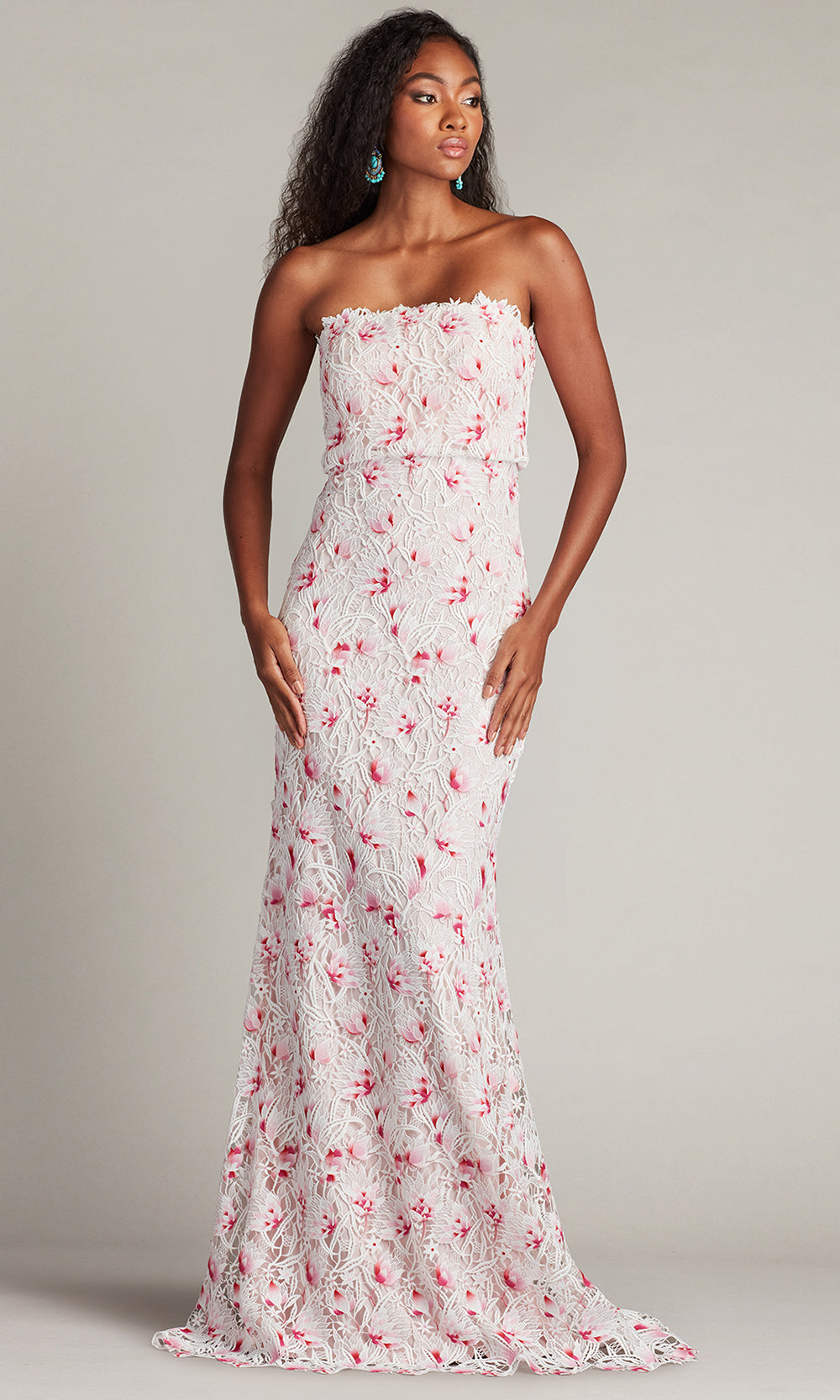 Tadashi Shoji CHY25435LX - Straight Neckline Elissa Lace Blouson Gown Prom Dresses in White and Pink